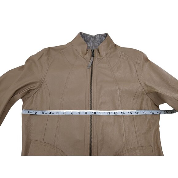 Chicos Reversible Leather Jacket Size 1 M Tan Silver Metallic Travel Full Zip - Picture 10 of 11